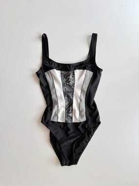 Vintage ARIELLA Black White Patchwork Square Neck One Piece Swimsuit, Size 8